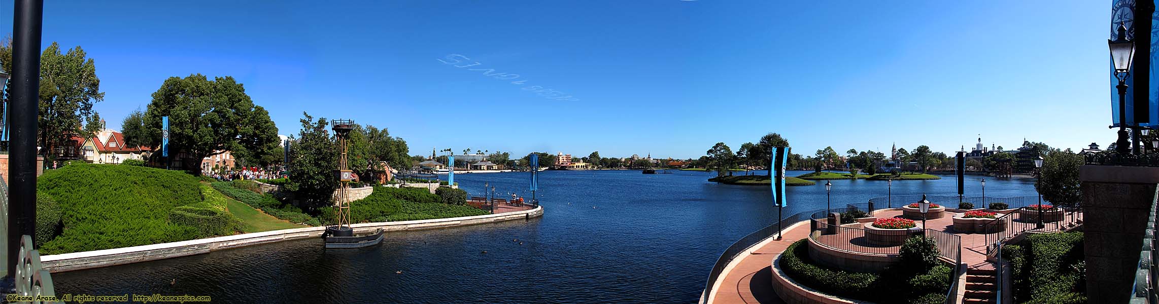 Panoramic of the World Showcase Lagoon from the English Channel