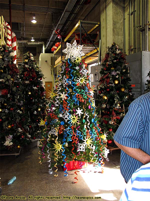 A tree completely decorated with glitter covered water/soda bottles and bottle caps.  Since it wasn't a 